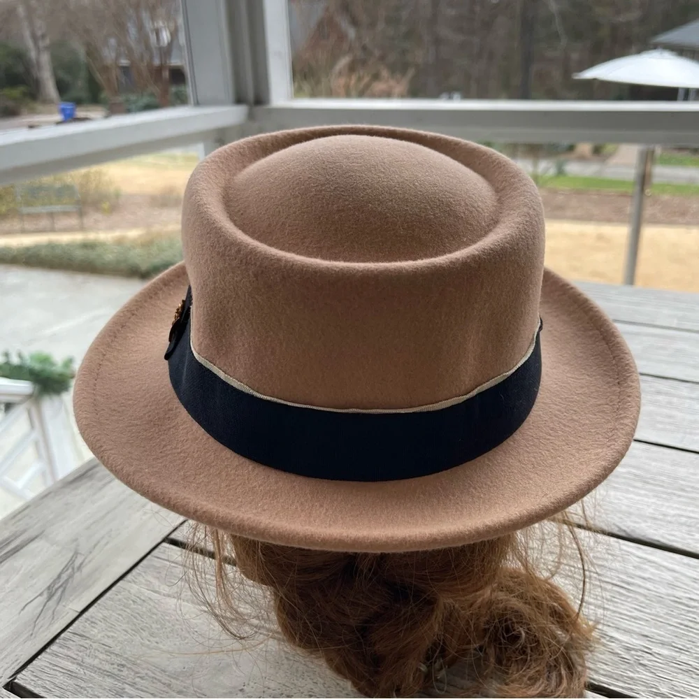 Pork Pie Tan Wool Fedora Black Band and Bee Embellishment Hat